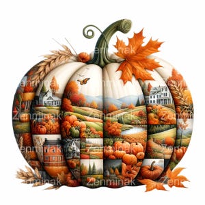 15 Clipart di paesaggi autunnali con zucche in formato PNG, scena di fattoria autunnale all'interno di una zucca, campi rustici, case del raccolto, arte con foglie arancioni