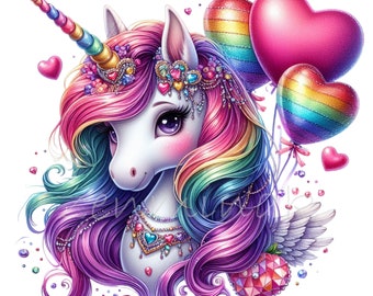 Unicorn Clipart, 10 PNG Watercolor Rainbow, Hearts Unicorn, Newborn Clipart, Birthday Clipart, Kids Shirt, Mug Tumbler Sublimation