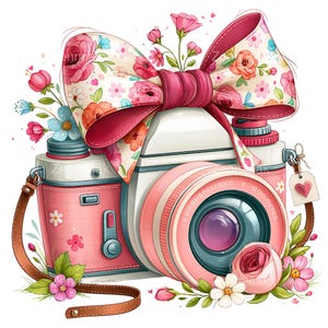 May include: A pink and white camera adorned with a large floral patterned bow on top. The camera features a brown leather strap, a small tag with a pink heart, and is surrounded by illustrations of pink, white, and blue flowers and green leaves.