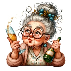Ältere Frau trinkt Champagner 15 PNG Lustige Comics Oma Cartoon Illustration Clipart, Sublimation druckbare Illustration
