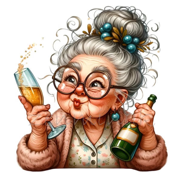 Senior Woman Drinking Champagne 15 PNG Funny Comics Grandma Cartoon illustration clipart, Sublimation Printable Illustration