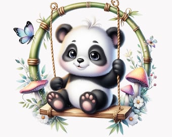 10 PNG Panda Clipart, Baby Swing Illustration, Whimsical Animal Art for Kids Designs