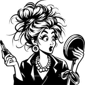 4 SVG Divertente donna truccata SVG, Donna scioccata con specchio Clipart, Messy Bun Rossetto Arte digitale, Vettore di moda glamour