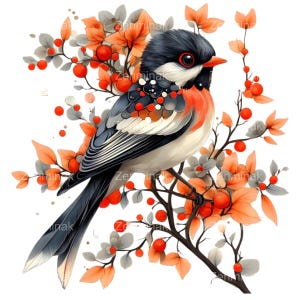 12 eleganti clipart PNG di uccelli - vivace uccello canterino su ramo autunnale - illustrazione della natura e della fauna selvatica per stampe e decorazioni