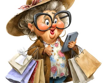 15 PNG Funny Grandma Shopping Clipart, Senior Woman With Phone