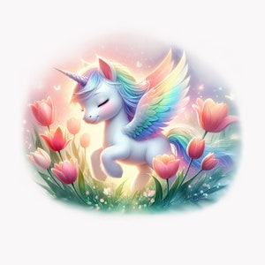 10 Magisches Einhorn PNG Clipart - pastellfarbene Regenbogenflügel, leuchtende Frühlingstulpen, verträumter Himmel Hintergrund, transparentes Design