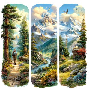 May include: Three landscape paintings showing a hiker on a forest path, a mountain range with a river, and a mountain scene with birds. The artwork uses vibrant colours, including greens, blues, and yellows, with a focus on nature.