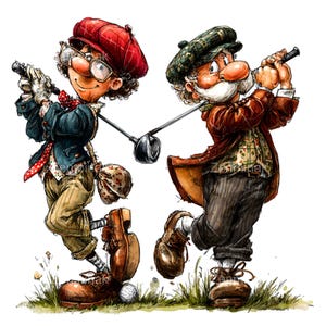 Könnte beinhalten: Eine skurrile Illustration von zwei Golfspielern in Vintage-Kleidung, die auf einem grasbewachsenen Feld schwingen. Einer trägt eine rote Kappe und eine Brille, der andere eine grüne Kappe und einen weißen Schnurrbart. Ein Golfball liegt am Boden. Der Stil ist cartoonartig.