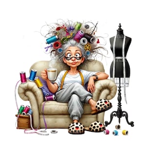 18 Quirky Seamstress Clip Art PNG, Funny Granny Sewing Illustration, Vintage Sewing Room Digital Art for Craft Lovers