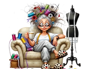 18 Quirky Seamstress Clip Art PNG, Funny Granny Sewing Illustration, Vintage Sewing Room Digital Art for Craft Lovers