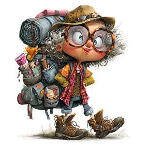 Puede incluir: Ilustración de dibujos animados de una excursionista alegre con una gran mochila. La excursionista lleva un sombrero, gafas de gran tamaño y botas de montaña. La mochila está llena de provisiones, incluyendo un saco de dormir enrollado y varios bolsillos. La imagen tiene un estilo caprichoso y colorido.