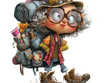15 PNG Grandma Wandern - lustige ältere Dame mit Rucksack Clipart für Reise-Design, Abenteuer-Aufkleber & Outdoor-Planer Dekor