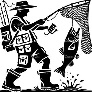 5 archivos SVG de captura de lubina de pescador, archivo de corte de silueta de pesca, pescador con red y pez, arte digital
