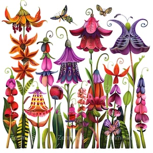16 fleurs originales Clipart PNG, art jardin fantastique, illustration florale unique