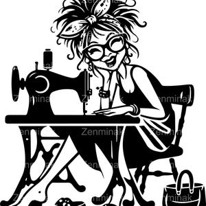 7 vintage naaimeisje SVG, schattige naaister clipart, retro naaimachine PNG, Crafting Woman digitaal bestand, DIY Maker Art