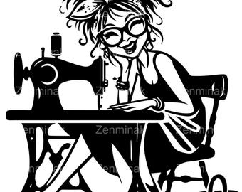 7 ヴィンテージ裁縫少女SVG、かわいい裁縫師のクリップアート、レトロなミシンPNG、クラフトをする女性のデジタルファイル、DIYメーカーアート