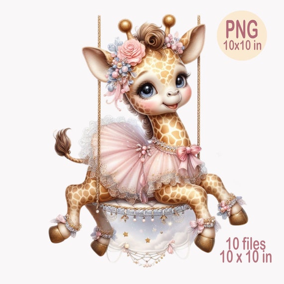 10 PNG Baby Giraffe Clipart Bundle, Watercolor Ballerina Giraffe on Swing, Nursery Safari