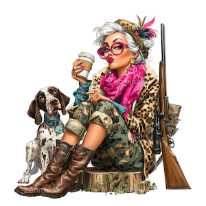 20 PNG Funny hunting lady PNG – Eccentric woman with dog, coffee and rifle – Humorous clipart for outdoor lovers and craft designs
