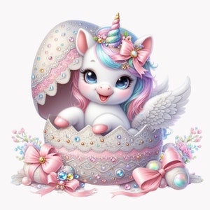 10 baby-eenhoorn in ei PNG-clipart, schattige fantasiepony met vleugels, pastel sprookjesachtige illustratie, grillige vakantiekunst, digitale download