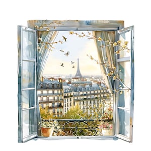 15 Paris fenêtre vue PNG Clipart, Illustration balcon de la Tour Eiffel, Art romantique scène de printemps, ville Français téléchargement numérique