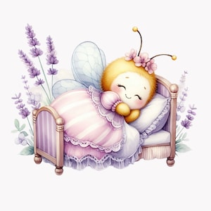 10 PNG 眠っている蜂 PNG – 花の冠、羽、ラベンダーを持つかわいい蜂 – 保育園のプリントやベビーシャワーのクラフト用のパステルカラーのクリップアート