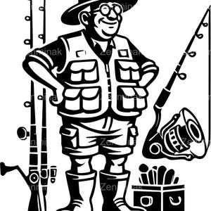 5 SVG de pescador feliz, clipart de hombre sonriente con chaleco y equipo, silueta de cañas de pescar y caja de aparejos para Cricut y corte láser