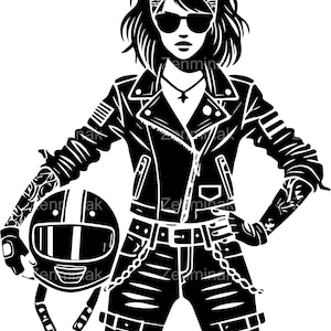 May include: A black and white illustration of a woman wearing a leather jacket, jeans, and a bandana. She is holding a motorcycle helmet in her left hand.