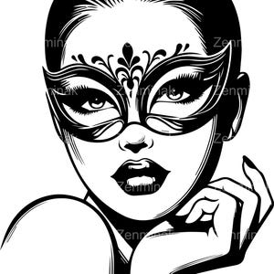 5 fichiers SVG mascarade femme SVG - fille élégante dans un masque décoratif avec des cheveux lisses et pose - Clipart costume de carnaval