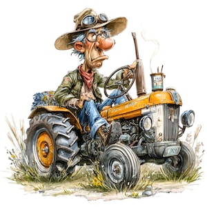 Könnte beinhalten: Eine skurrile Illustration eines Bauern, der einen orangefarbenen Oldtimer-Traktor fährt. Der Bauer, mit Hut und Brille, hat eine lange Nase und ein rotes Halstuch. Der Traktor trägt den Schriftzug "Ciągnik Rolniczy" und ist von Gras und Blumen umgeben.