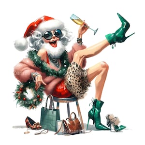 Anziana donna festosa PNG con cappello da Babbo Natale e corona, 16 pellicce e champagne PNG Clipart, perfetto per decorazioni natalizie