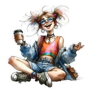 10 PNG glückliches Mädchen Clipart – PNG lachende junge Frau mit Kaffee, Tie-Dye Top – lustige Kunst für Aufkleber & Journals