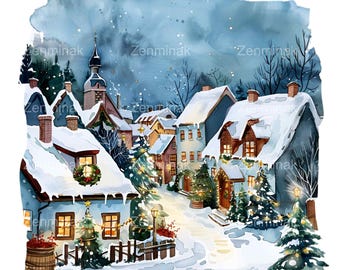 May include: A watercolor painting of a snowy village at night. The houses are decorated with Christmas lights and wreaths. There are trees covered in snow and a few streetlights.