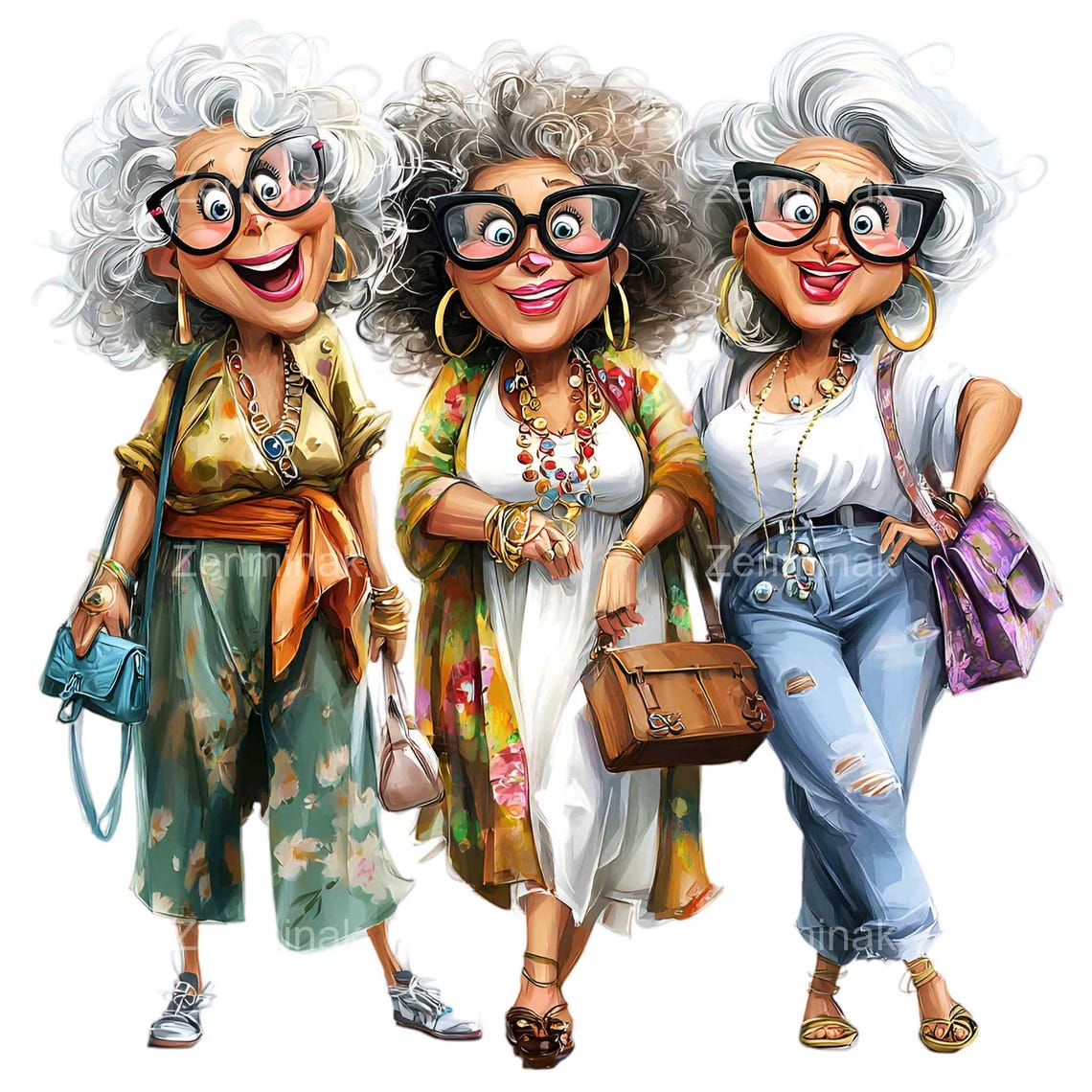 15 PNG Stylish Senior Ladies Clipart, Fashionable Friends Illustration ...