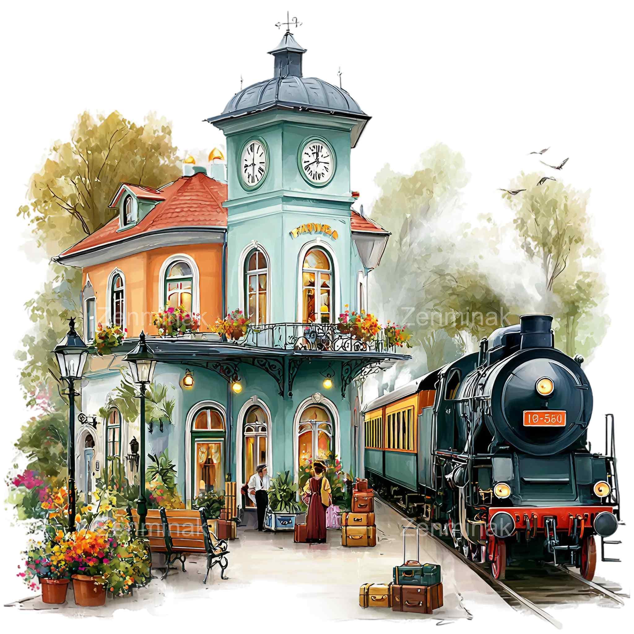 16 PNG Vintage Train Station Watercolor Clipart, Retro Steam  display picture 1