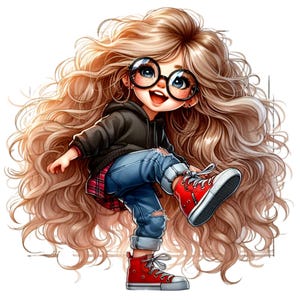 15 Cute Curly Haired Girl Clip Art PNG, Whimsical Character Illustration, Fun Digital Art for Crafts