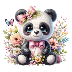 10 種類の花柄パンダ クリップ アート PNG - ベビー シャワーや子供部屋の装飾に使える、かわいいかぎ針編みのパンダと花のデジタル アート