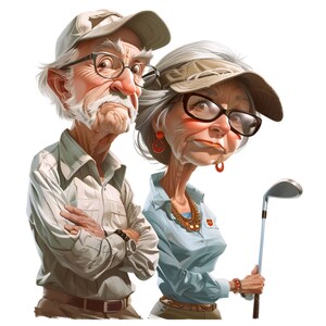 May include: A caricature of an older couple, a man and a woman, wearing casual clothing and hats. The man is wearing a beige shirt and a brown baseball cap. The woman is wearing a light blue shirt, a brown hat with a brim, and a necklace. The woman is holding a golf club.