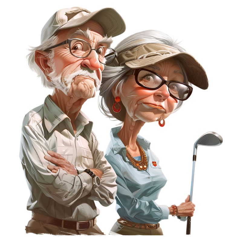 May include: A caricature of an older couple, a man and a woman, wearing casual clothing and hats. The man is wearing a beige shirt and a brown baseball cap. The woman is wearing a light blue shirt, a brown hat with a brim, and a necklace. The woman is holding a golf club.