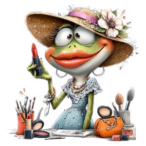 May include: A cartoon frog wearing a sun hat with a pink ribbon and a white flower, holding a red lipstick. The frog is dressed in a blue dress and jewelry, with makeup brushes and a purse on the table.