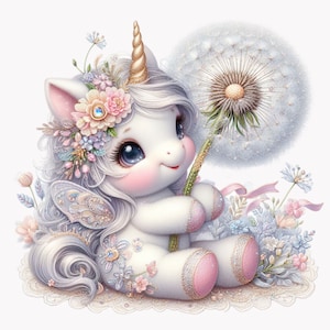 10 png-pastelkleur eenhoorn clipart – schattige baby eenhoorn met paardebloem png – fantasie dierenkunst voor kinderkamer prints en kinderambachten