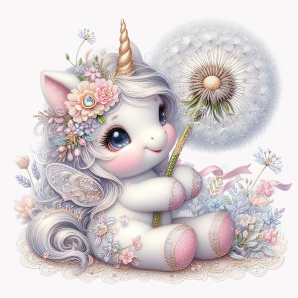 Unicorn Clipart PNG, Dandelion Clipart, Flower Clipart, Baby Newborn Clipart, Birthday Clipart