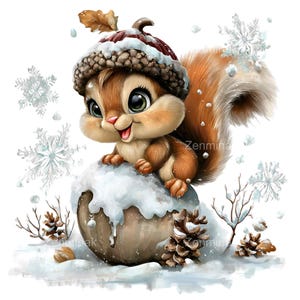 Op de afbeelding: Een grillige illustratie van een cartoon eekhoorn met een wintermuts, gezeten op een met sneeuw bedekt object. De eekhoorn heeft een pluizige bruine staart en is omringd door sneeuwvlokken, dennenappels en wintertakken. De afbeelding heeft een aquarel stijl.