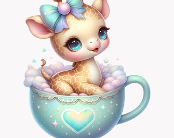 10 PNG Baby Giraffe in Teacup Clipart, Nursery Art