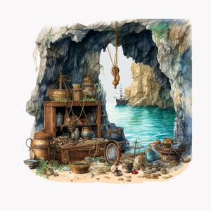 10 Caverna do Tesouro Pirata PNG Clipart – Saque Oculto, Vista do Oceano, Baús Antigos, Navio Velho, Moedas de Ouro, Arte de Aventura à Beira-Mar