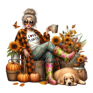 10 PNG Divertente signora del giardino autunnale - Clipart PNG autunnale - Scena di zucca e girasole con cane, cappotto scozzese, piante e stivali floreali per lavoretti