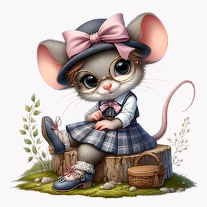 10 clipart PNG souris mignonne, illustration de pique-nique fantaisiste, image de personnage adorable petite fille