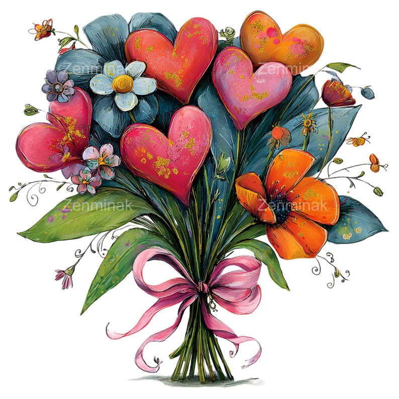 16 PNG Heart Flower Bouquet Clipart, Valentine Floral Illustration ...