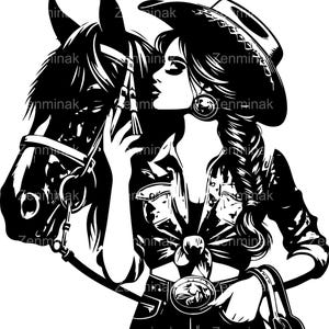 6 Cow-girl et cheval SVG coupe fichier – fille avec chapeau, tresse et ceinture embrasser cheval – Western Country Ranch Rodeo Clipart