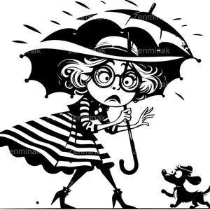 4 SVG Elegant Lady with Umbrella SVG, Retro Cartoon Woman Walking Dog, Funny Windy Day Clipart, Vintage Fashion Digital Art