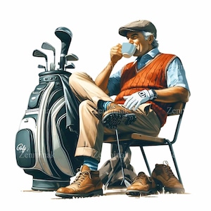 12 Clipart PNG di golfista rilassato – Uomo con caffè, mazze da golf, gilet, guanti e scarpe, arte sportiva vintage